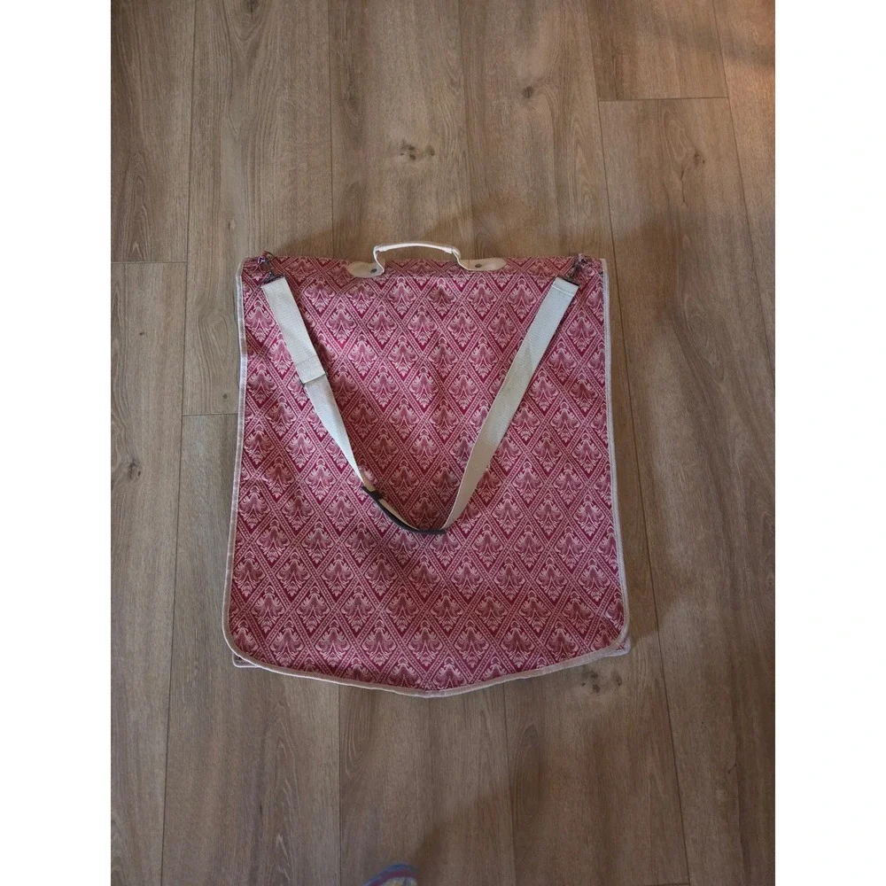 Vintage 80s Red Gold Tapestry Garment Bag Woven Damask Folding Travel Bag